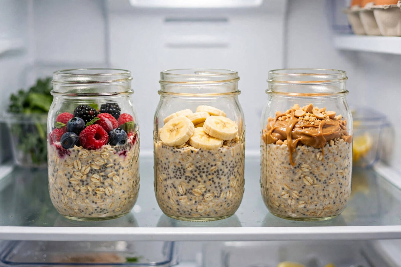 Three overnight oats jars with different toppings in a refrigerator