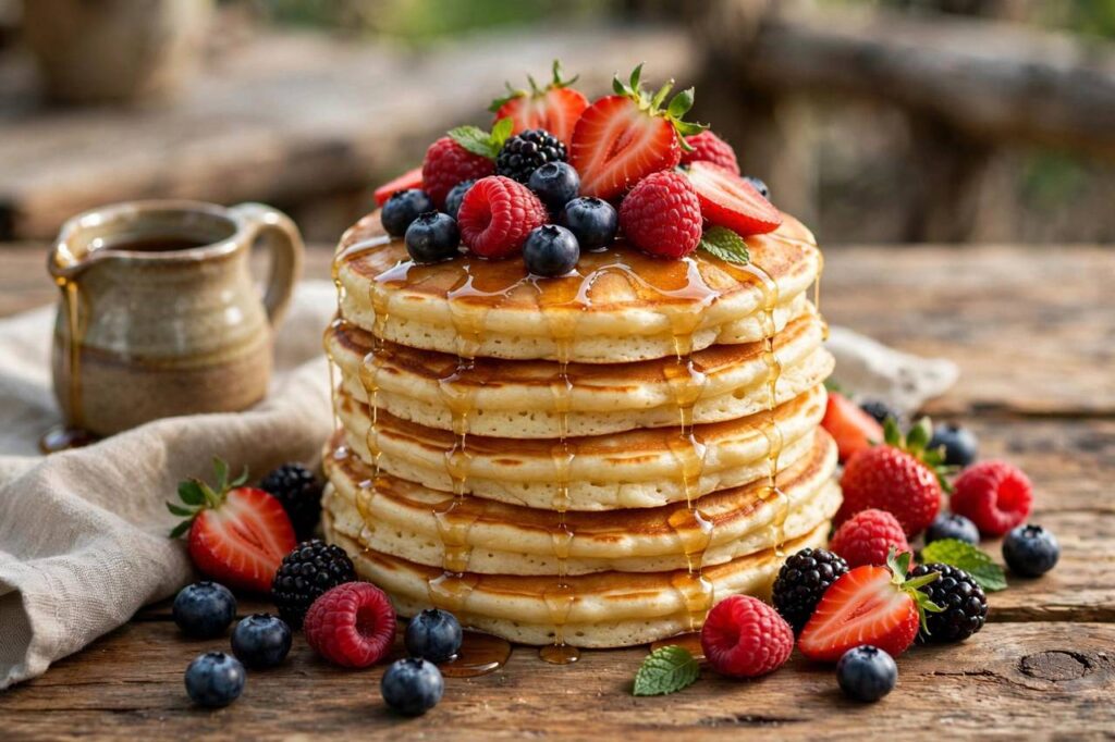 A tall stack of fluffy golden pancakes topped with fresh berries and a light drizzle of syrup on a rustic wooden table