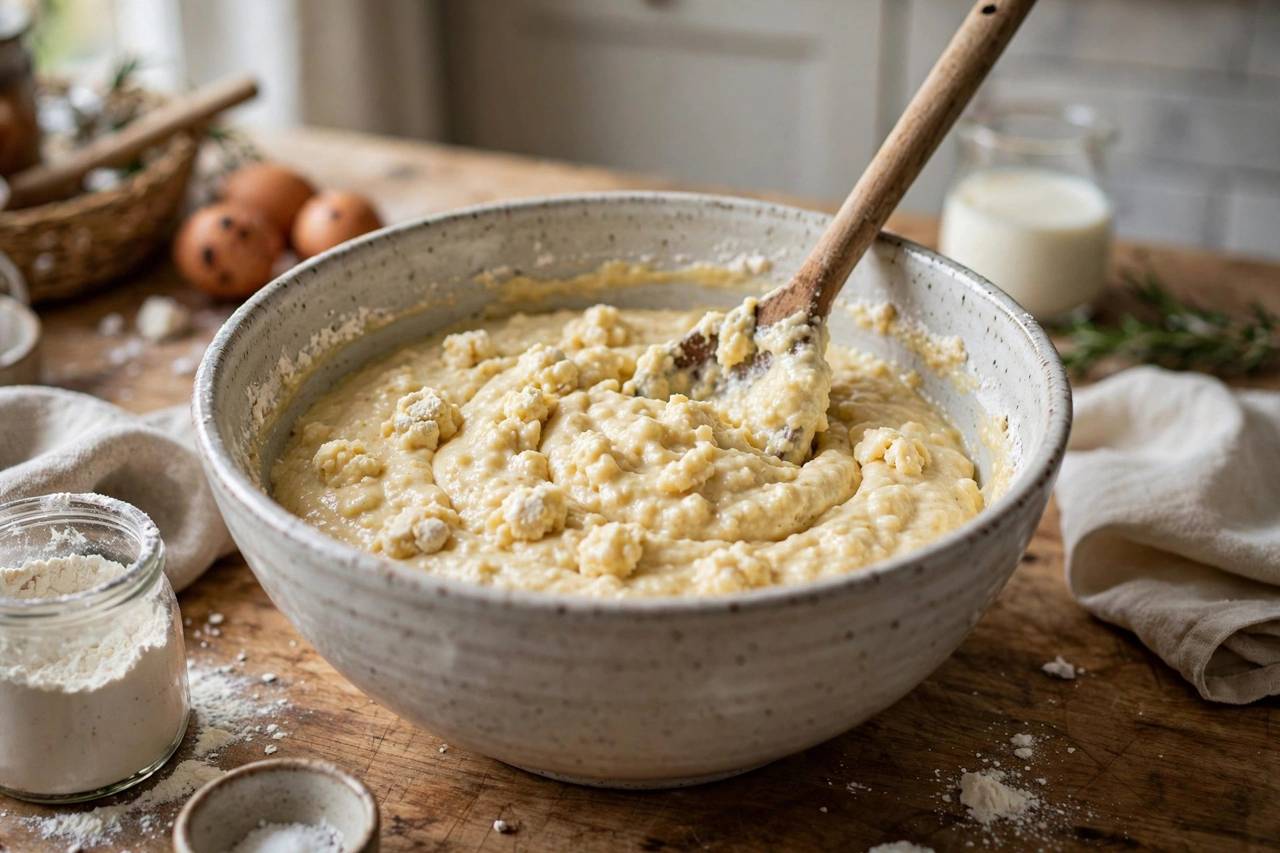 A large bowl of thick pancake batter with visible lumps being gently stirred with a wooden spoon
