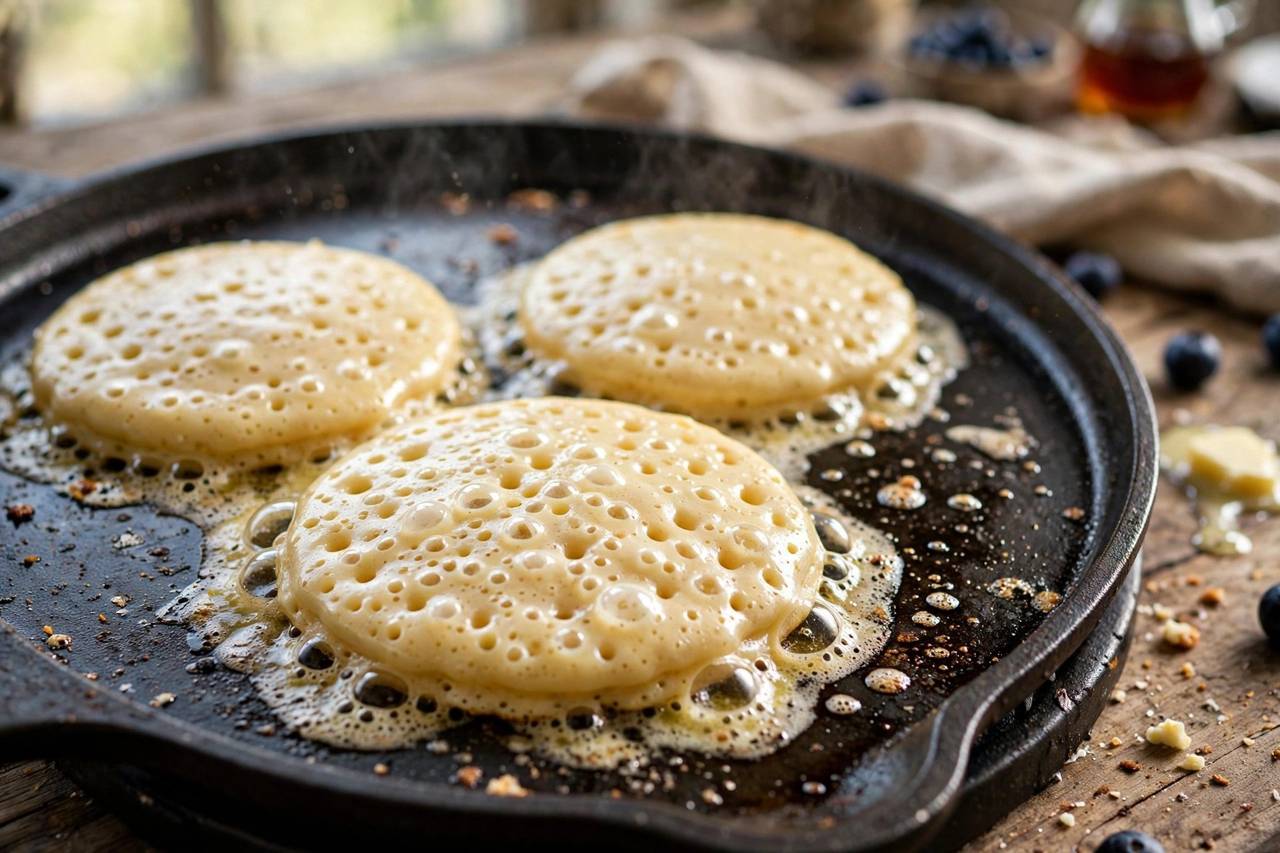 Pancakes cooking on a hot griddle with bubbles forming across the batter surface