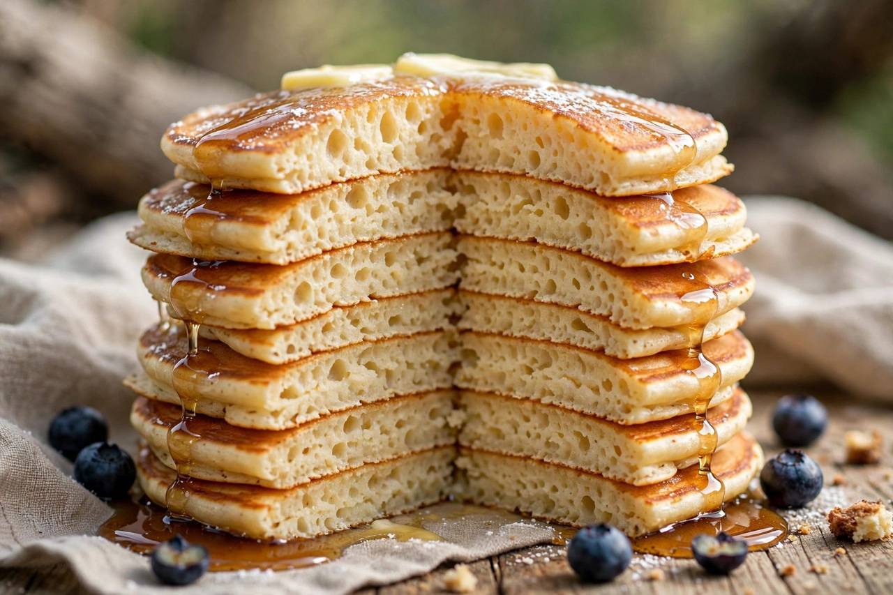 A cross-section view of a tall stack of fluffy pancakes showing the airy tender interior crumb