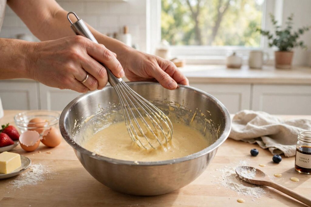 Hands whisking pancake batter in a large mixing bowl on a kitchen counter