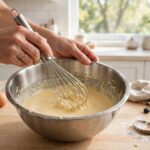 How to Make Pancakes Fluffy From Scratch (Troubleshooting First, Recipe Second) Hands whisking pancake batter in a large mixing bowl on a kitchen counter