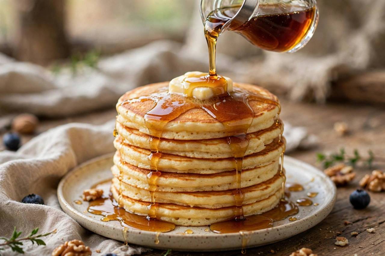 Tall stack of fluffy golden pancakes with melting butter and maple syrup being poured over the top