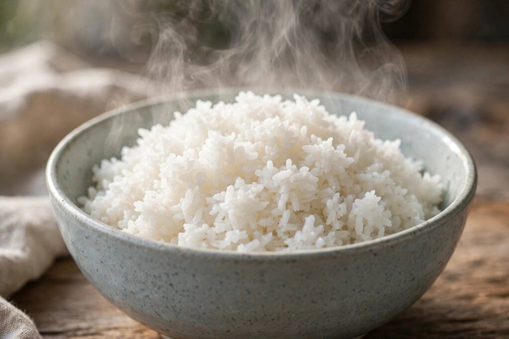 Fluffy white rice in a bowl with steam rising