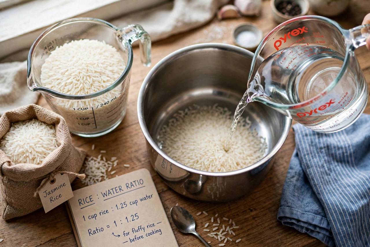 Measuring rice and water ratio in a pot before cooking