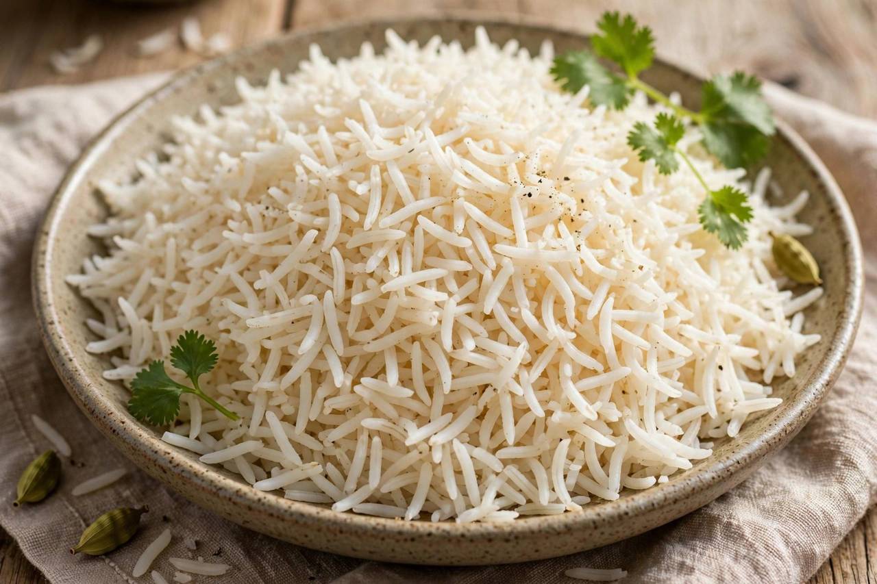 Perfectly cooked basmati rice with separated long grains
