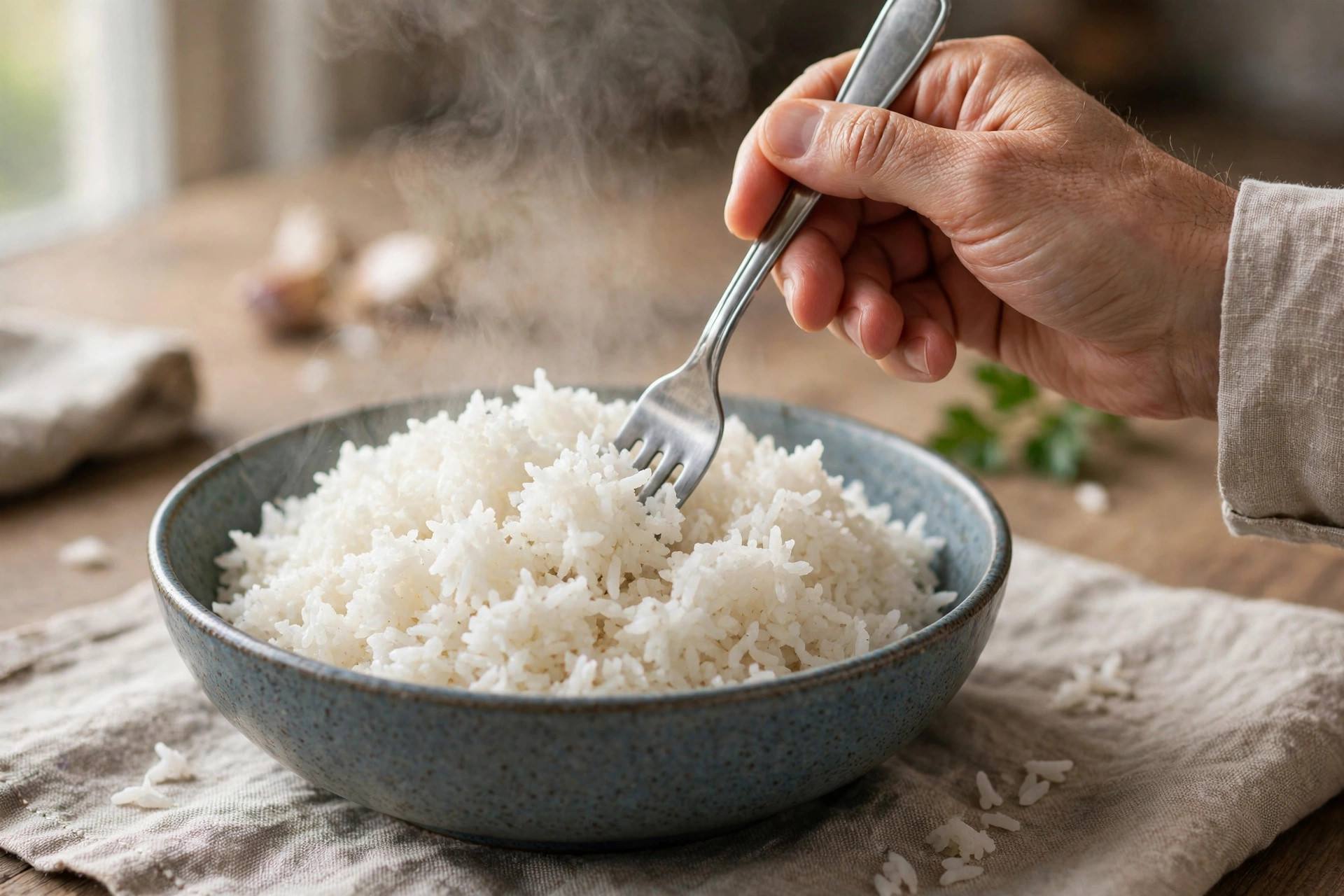 Hands fluffing freshly cooked rice with a fork