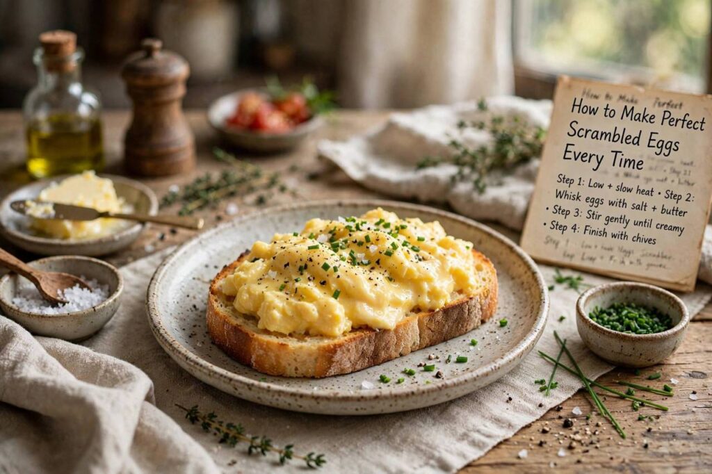 Creamy scrambled eggs on toast on a rustic breakfast plate