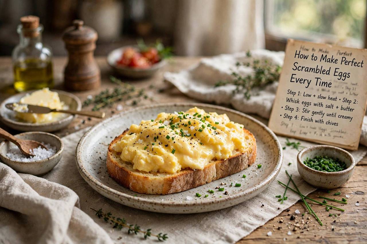 Creamy scrambled eggs on toast on a rustic breakfast plate