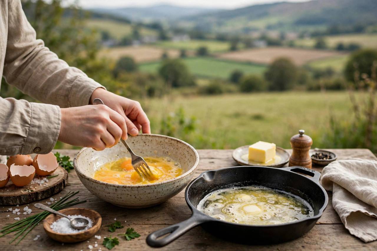 Hands whisking eggs in a bowl with a fork beside a buttered skillet