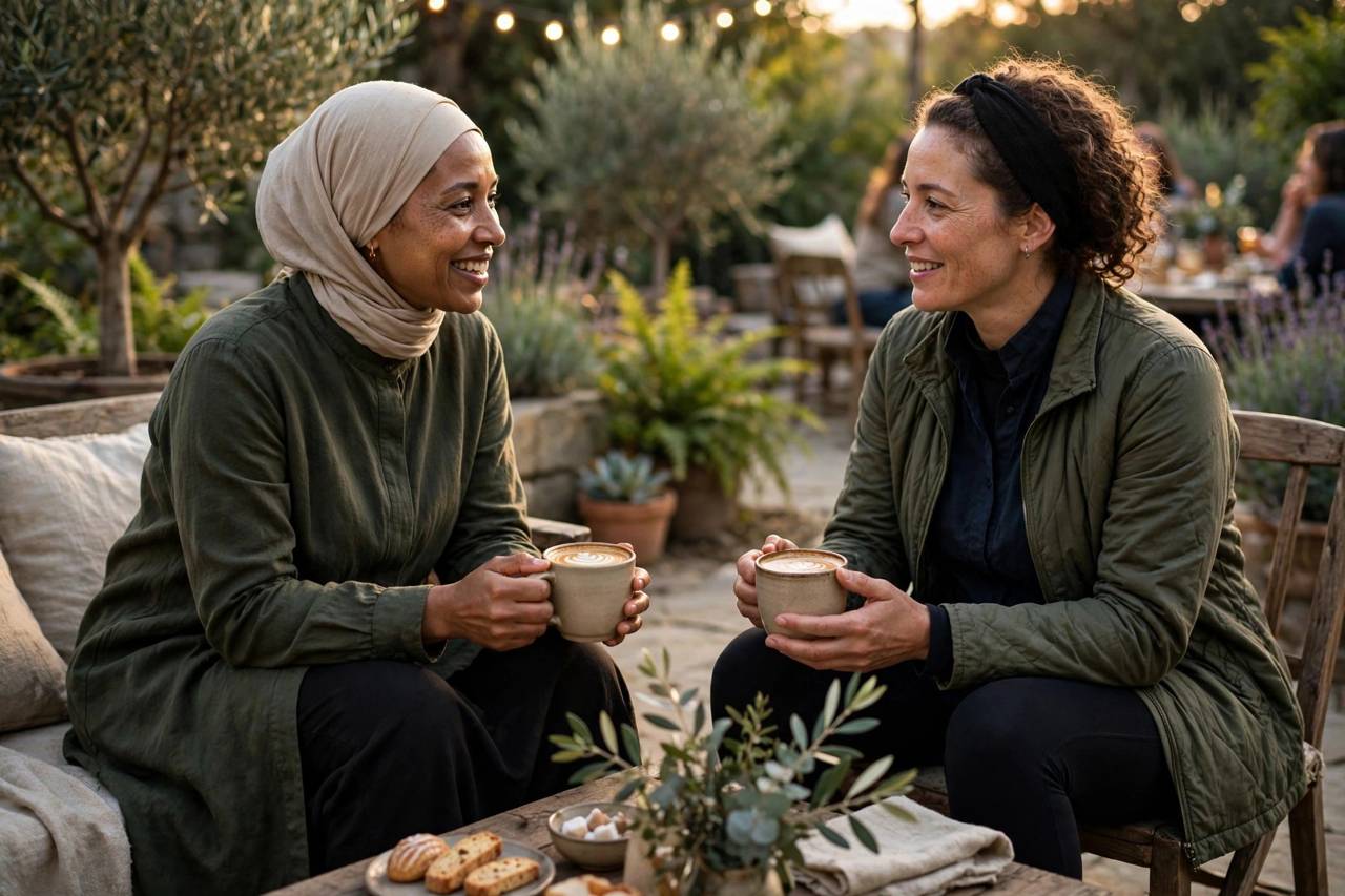 Two people having coffee and conversation at a party, relaxed atmosphere, modest dress