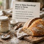 How to Make Sourdough Bread at Home (Beginner Guide) Freshly baked sourdough loaf with scored crust on a wooden board