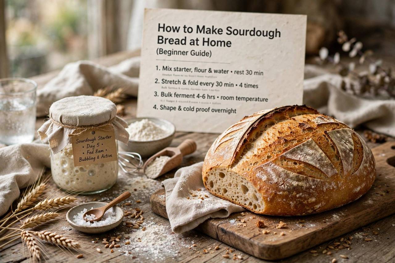 Freshly baked sourdough loaf with scored crust on a wooden board
