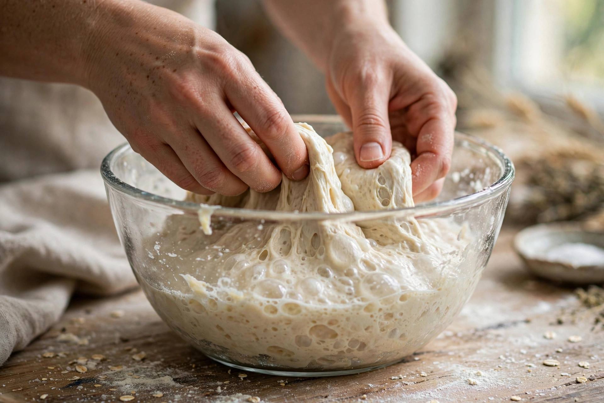 Hands folding sourdough dough in a glass bowl during bulk fermentation