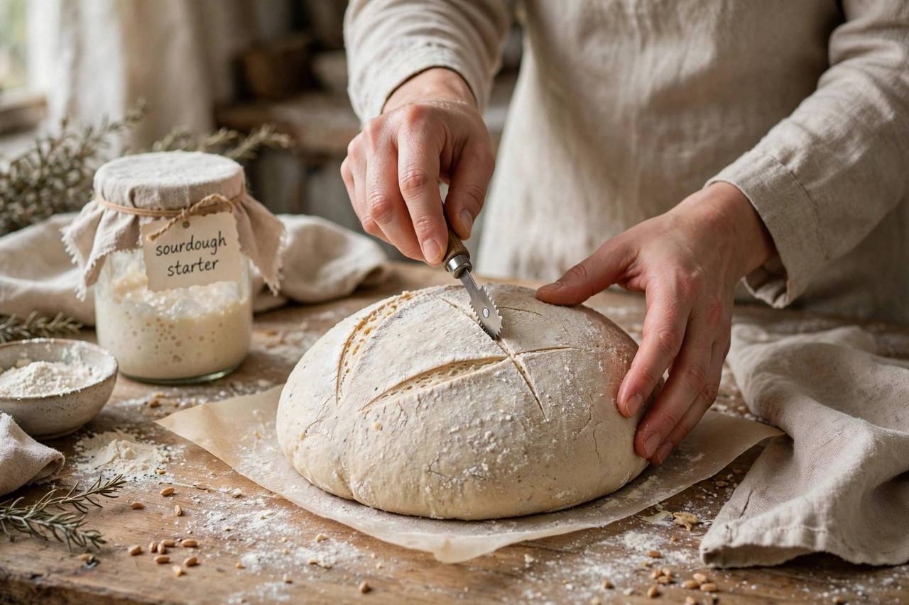 Sourdough loaf being scored with a blade before baking