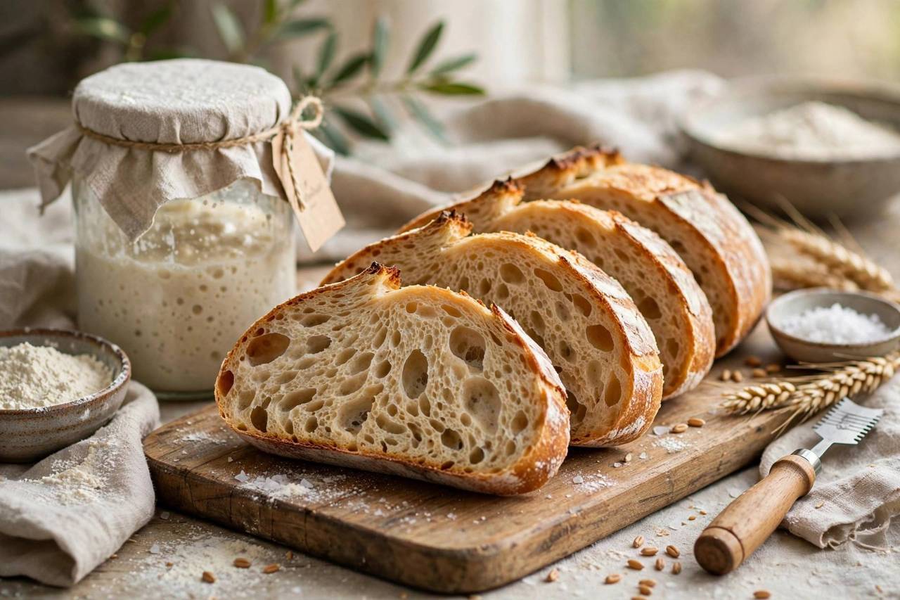 Sliced sourdough bread showing open airy crumb on a cutting board