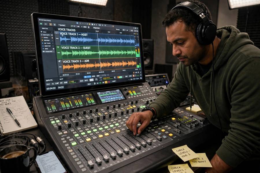 Sound engineer fine-tuning AI voice tracks for natural delivery