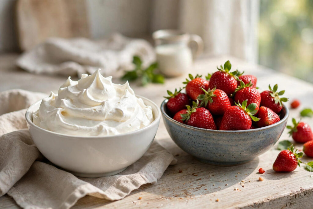 Bowl of freshly whipped cream with soft peaks next to strawberries