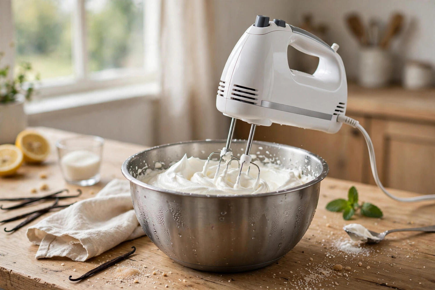Electric mixer whipping cream in a chilled metal bowl