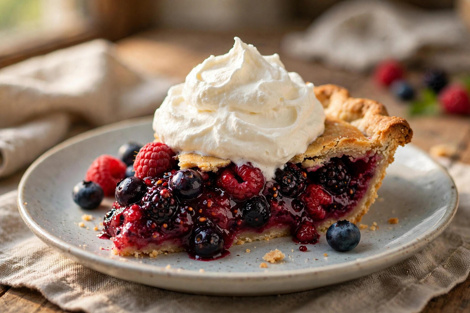 Dollop of homemade whipped cream on a slice of pie