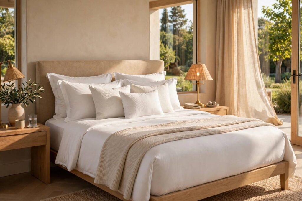 Beautifully made bed with crisp white linens and layered pillows, hotel-style bedroom