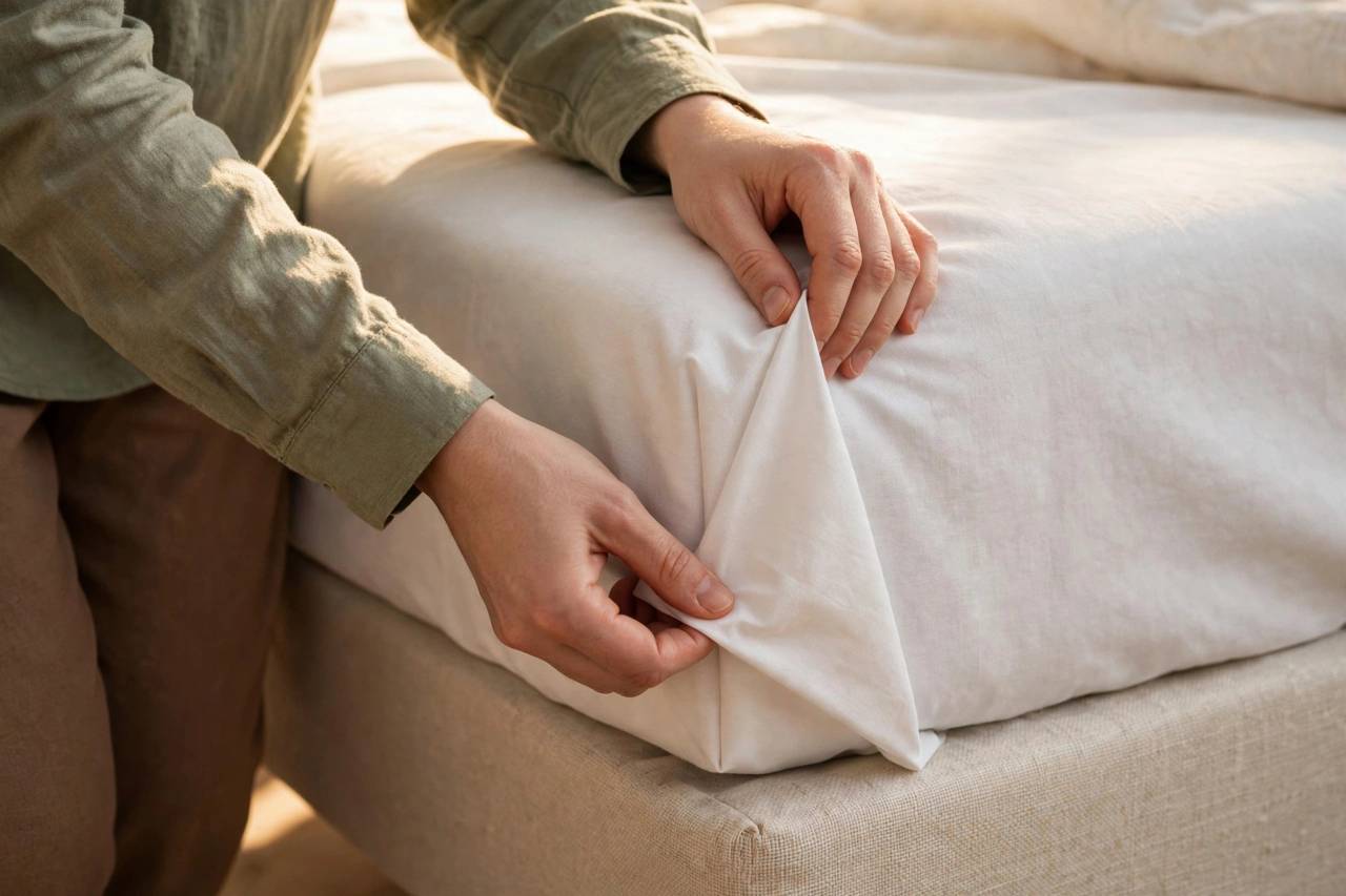 Close-up of hands tucking a crisp hospital corner on a white bedsheet