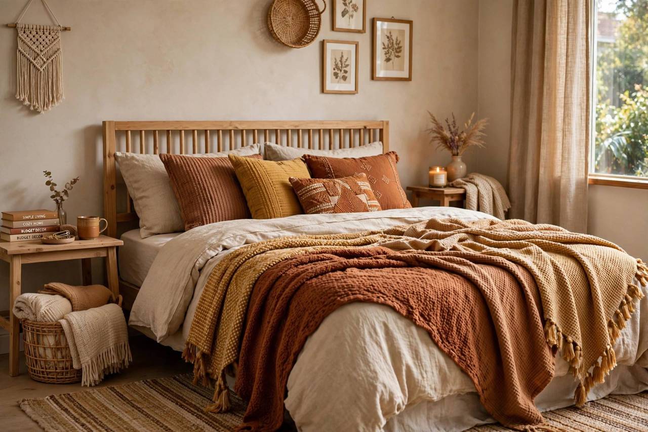 Layered bed with textured throws and multiple pillows in warm tones