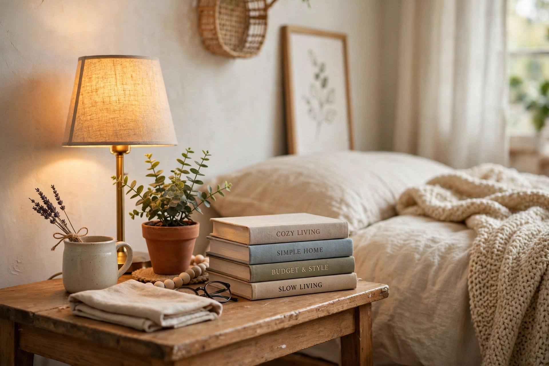 Bedside table with a warm lamp, small plant and neatly arranged books