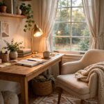 How to Make Your Home Office Cozy (Without Renovating) A cozy home office with a wooden desk, warm lamp light, and a comfortable chair by a window