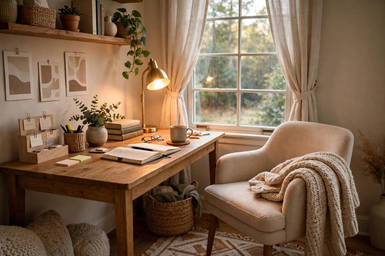 A cozy home office with a wooden desk, warm lamp light, and a comfortable chair by a window