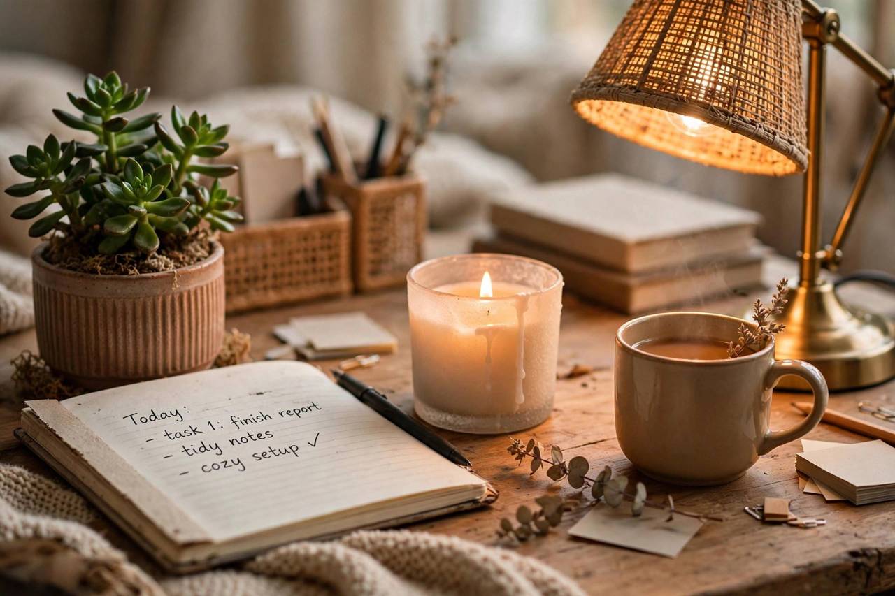 Close-up of a cozy desk setup with a warm lamp, candle, notebook, and a small plant