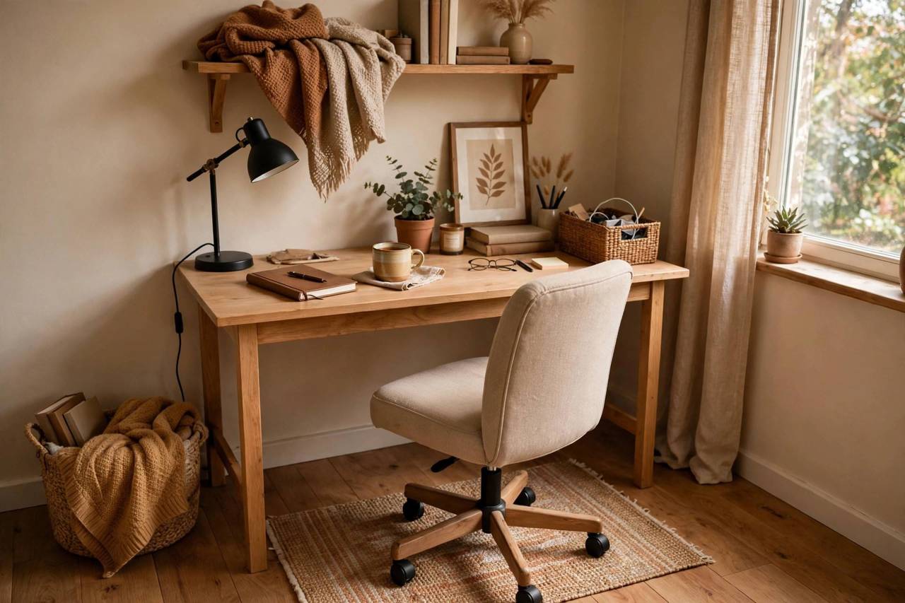A small rug placed under a desk chair on a wooden floor in a warm-toned home office