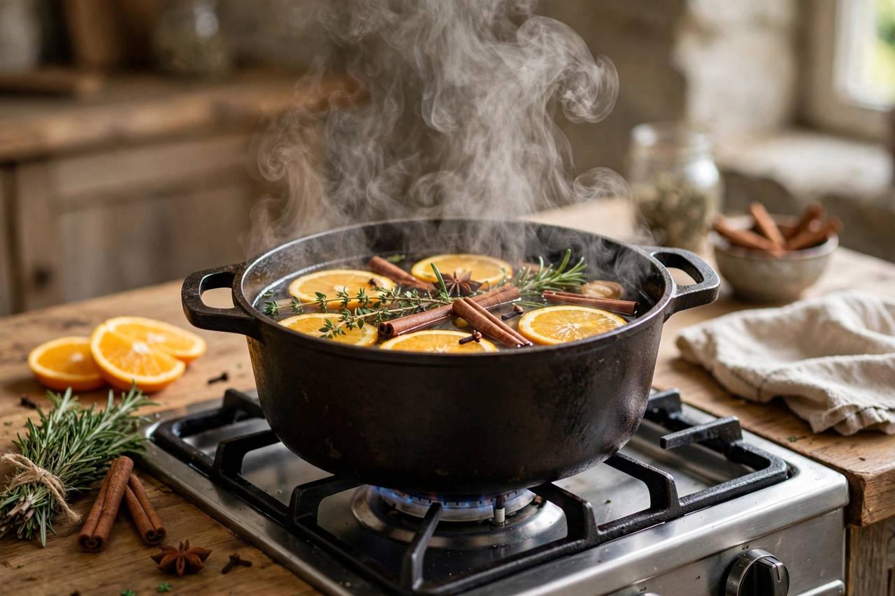 Simmer pot on a stove with orange slices, cinnamon sticks, and herbs releasing fragrant steam