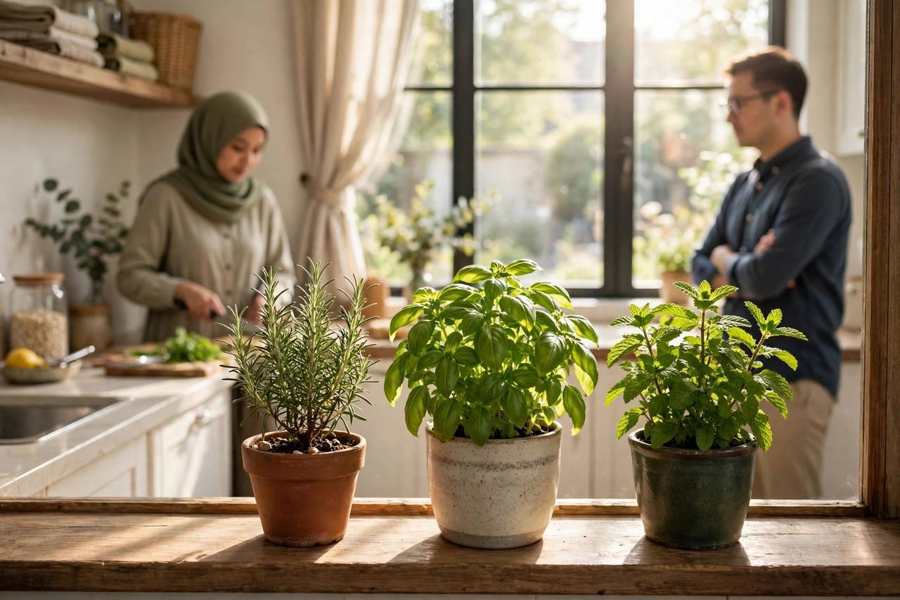 Bright kitchen windowsill with potted fresh herbs like rosemary, basil, and mint in sunlight
