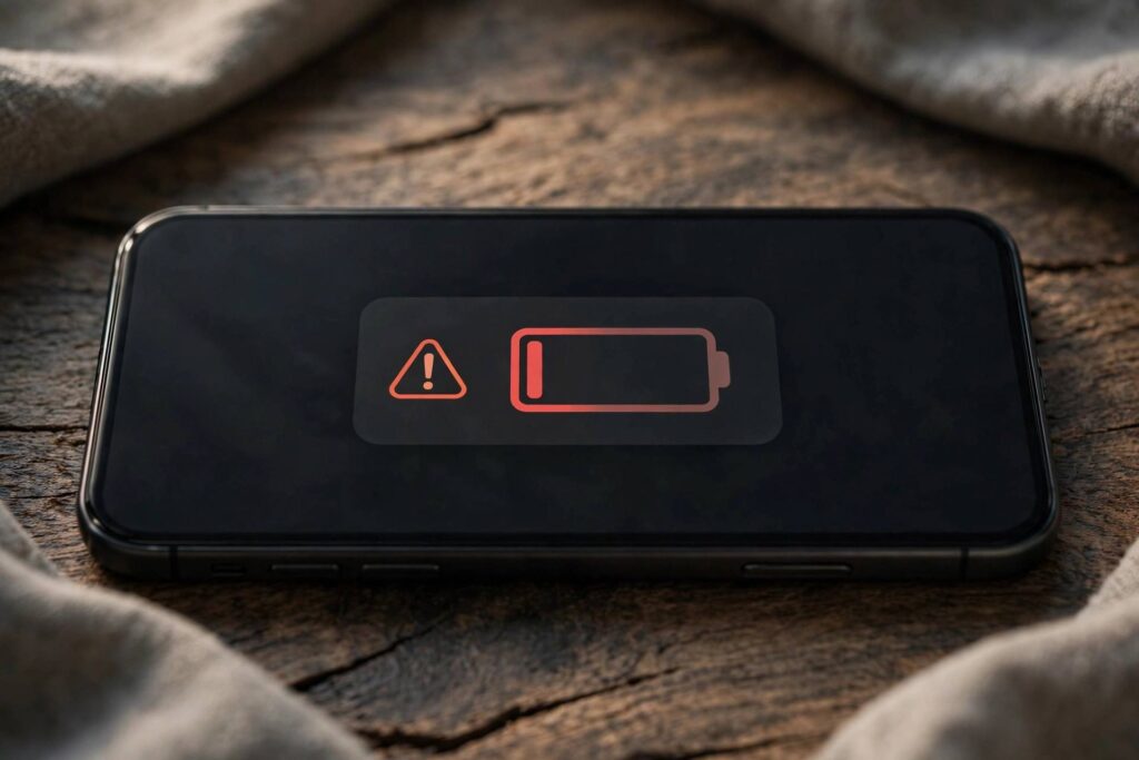 Smartphone showing low battery warning on screen