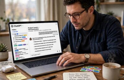 A person organizing a long ChatGPT conversation with folders on a laptop
