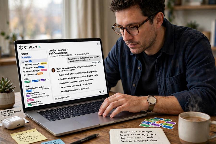 A person organizing a long ChatGPT conversation with folders on a laptop