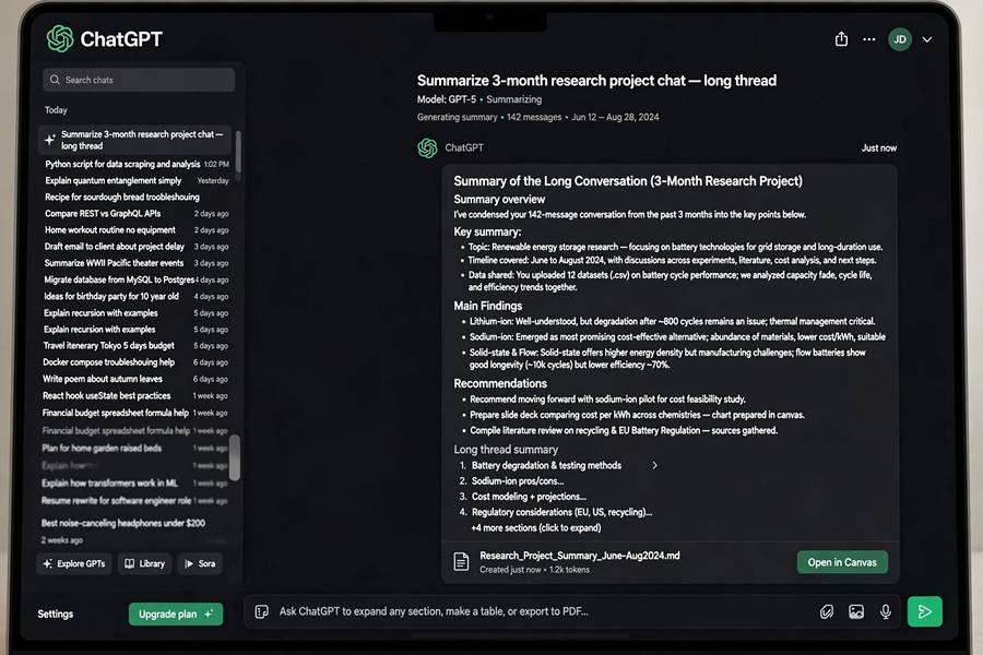 A ChatGPT interface showing a long conversation thread being summarized