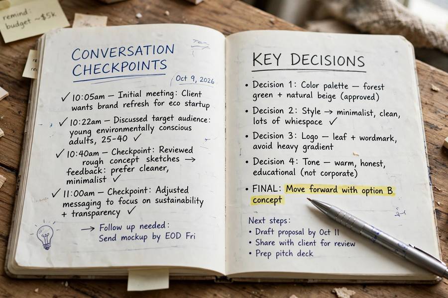A notebook with conversation checkpoints and key decisions written down