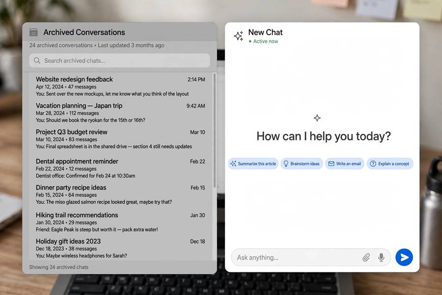 A fresh new chat window next to an archived long conversation