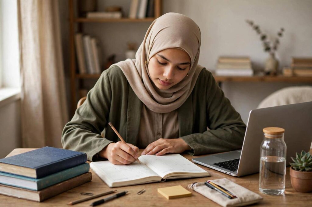 Student planning the week in a paper planner at a tidy desk with textbooks and a laptop