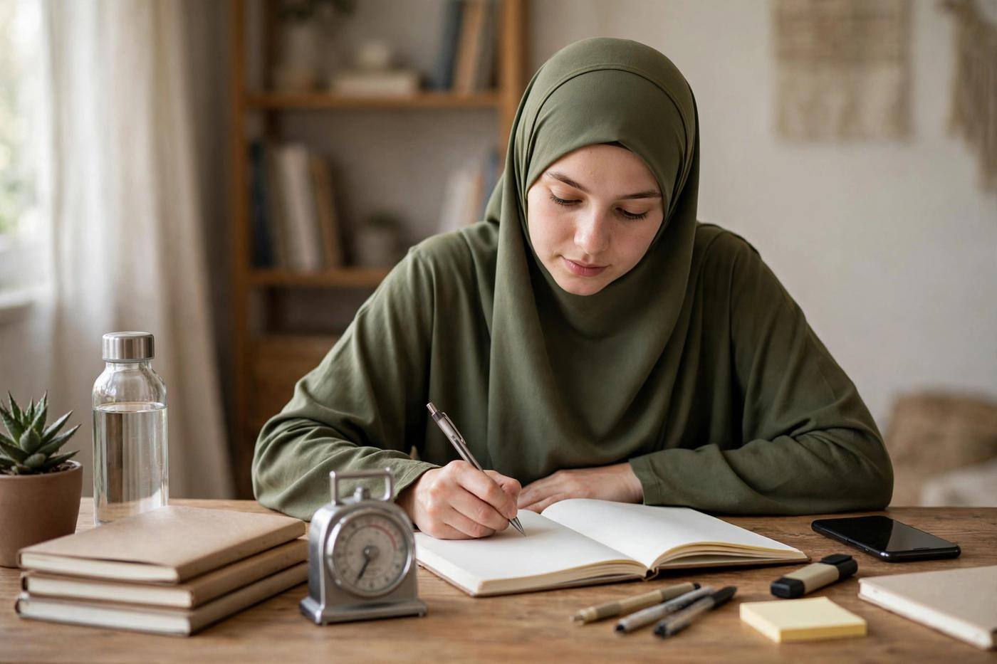 Student studying with a timer and notebooks, phone placed face-down in another corner of the desk