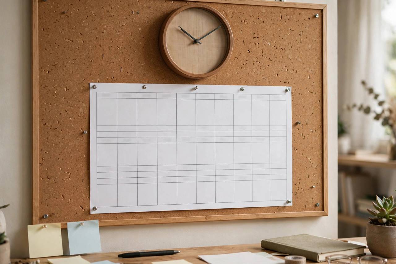 Wall clock above a weekly study schedule chart pinned to a corkboard