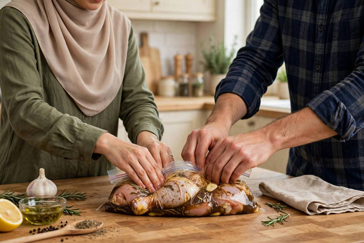 Chicken pieces in a zip-top bag with marinade being massaged by hands on a kitchen counter