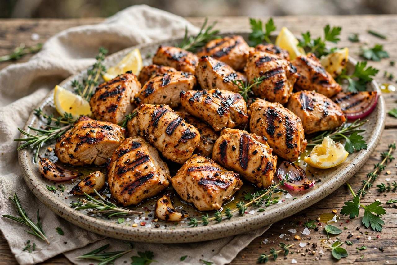 Grilled marinated chicken pieces with char marks served on a platter with herbs