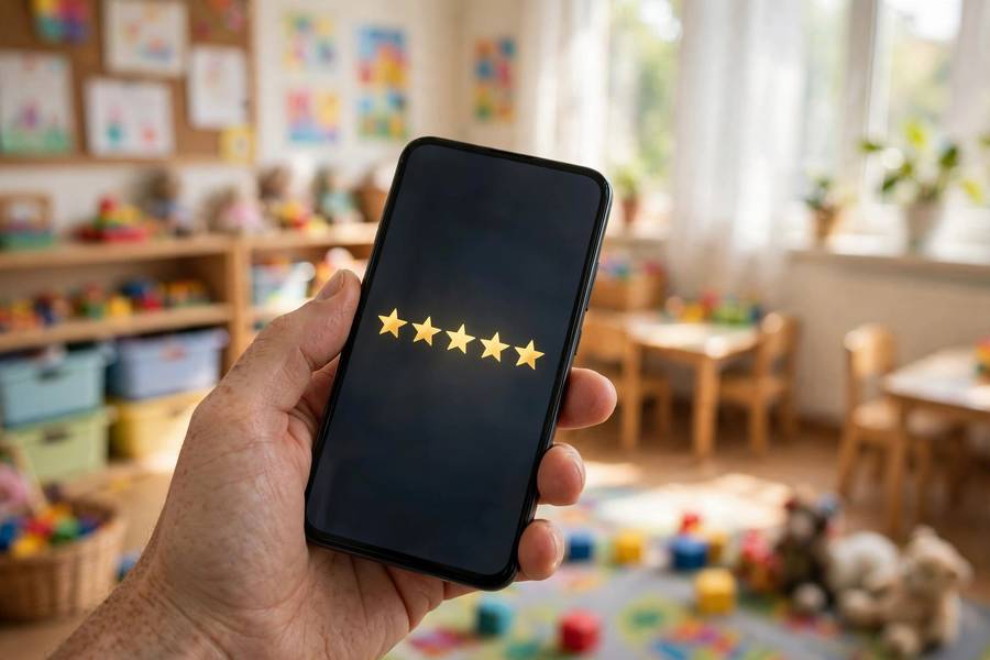 Google reviews on phone illustrating how to market a new daycare through parent reviews