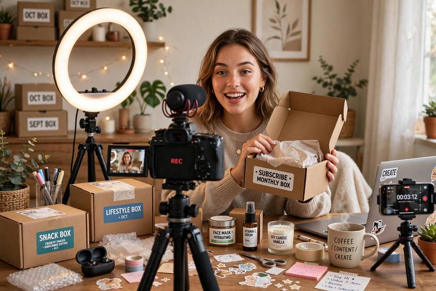 Filming an unboxing video, the content engine for how to market a subscription box