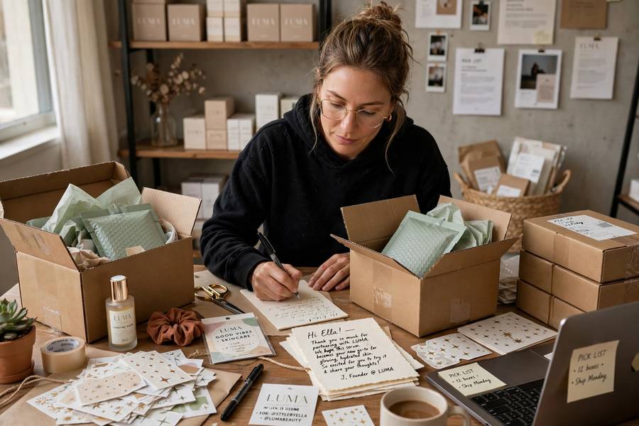Preparing influencer seeding boxes with personal notes, outreach in how to market a subscription box