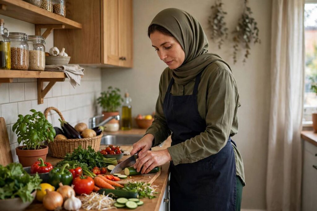 Woman in modest full-coverage clothing preparing meals in a home kitchen with fresh vegetables